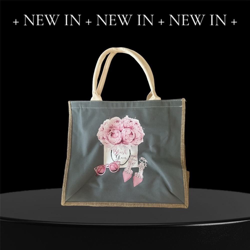 Handcrafted burlap fabric reusable everyday tote  zippered bag stamped